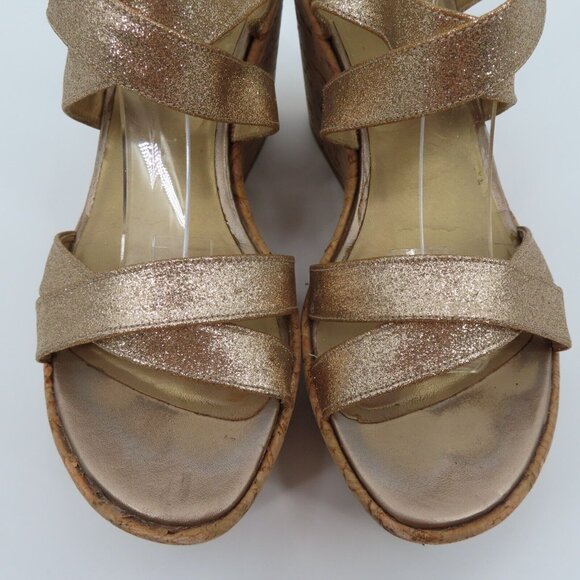 Stuart Weitzman Women 9M Gold Glitter Cork Platform Wedge Sandals Strappy Shoes - Picture 3 of 13